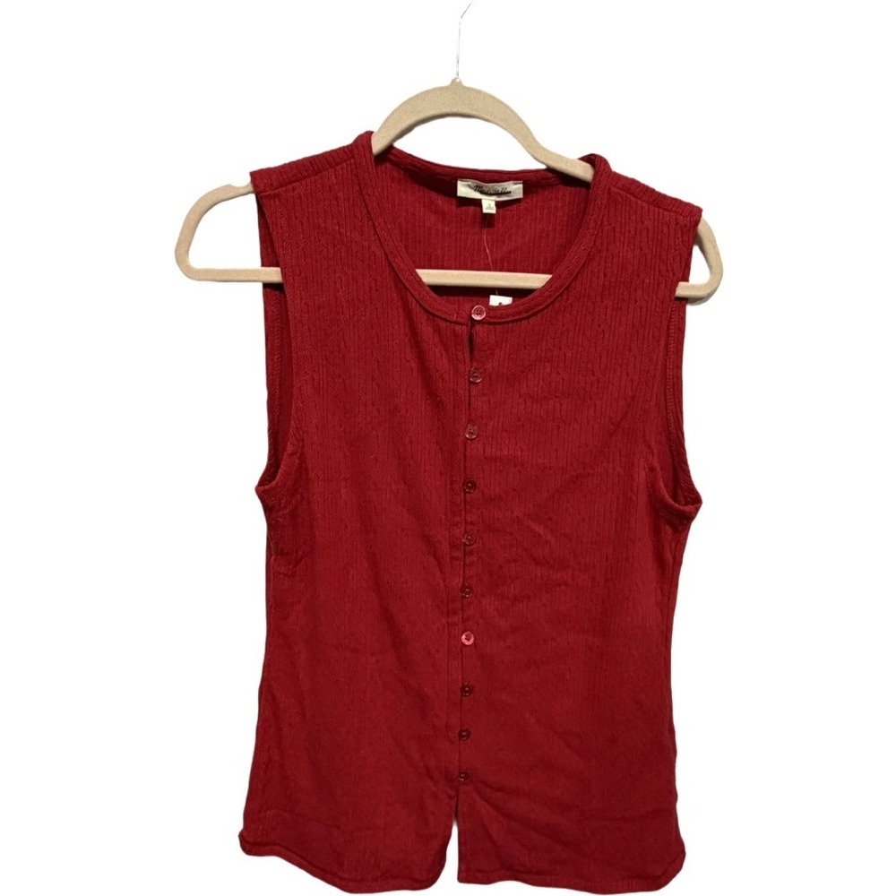 Madewell Pointelle Cutaway Vest Crimson Red Sleeveless Button Front Top L NY278 - Picture 3 of 9